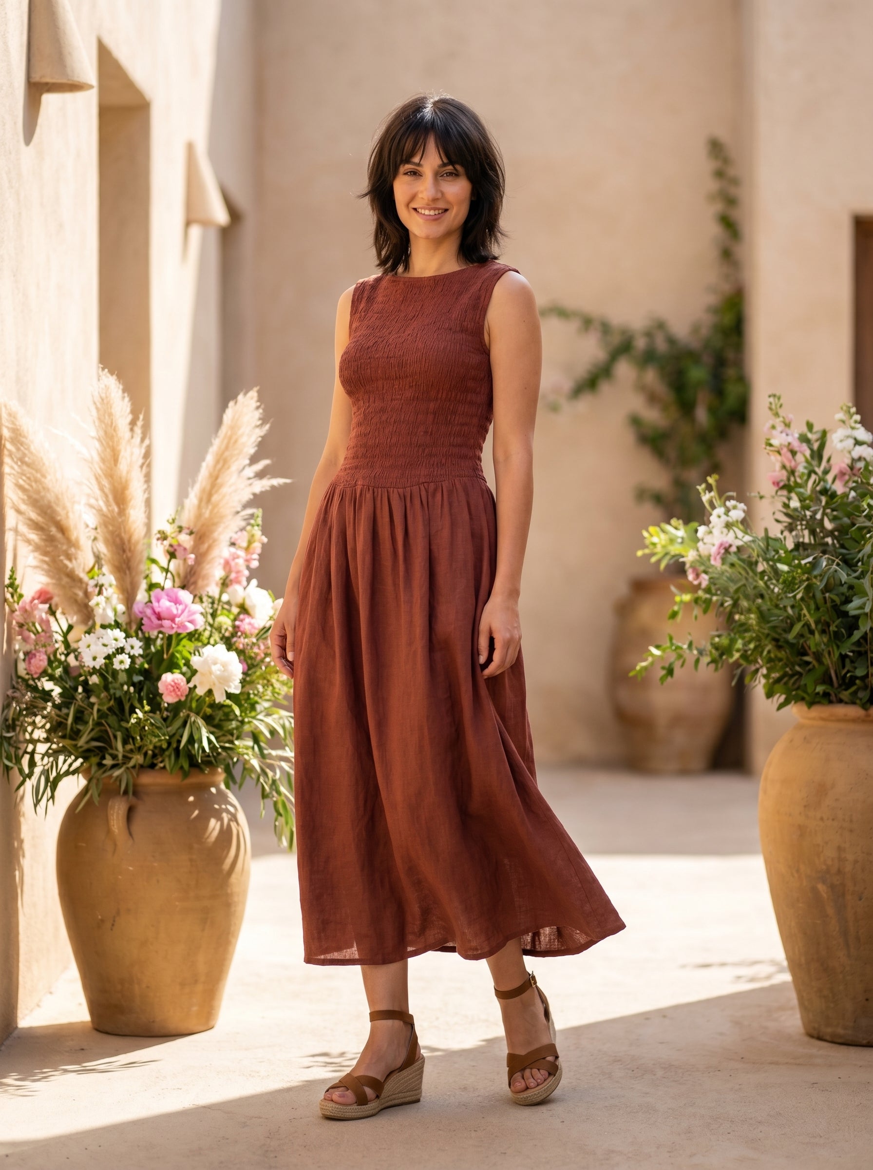 Women Maroon Smocked Fit & Flare Midi Dress