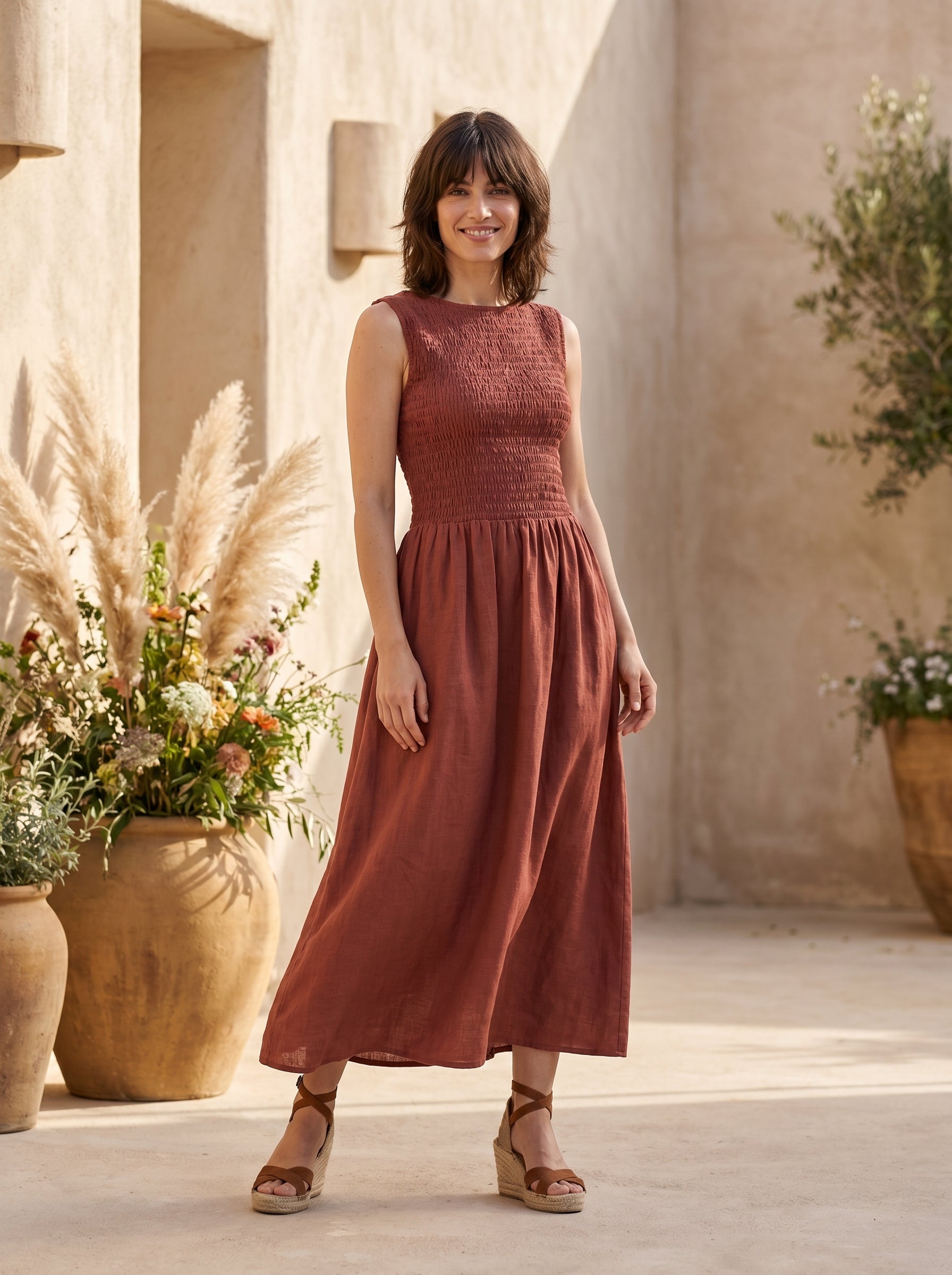 Women Maroon Smocked Fit & Flare Midi Dress