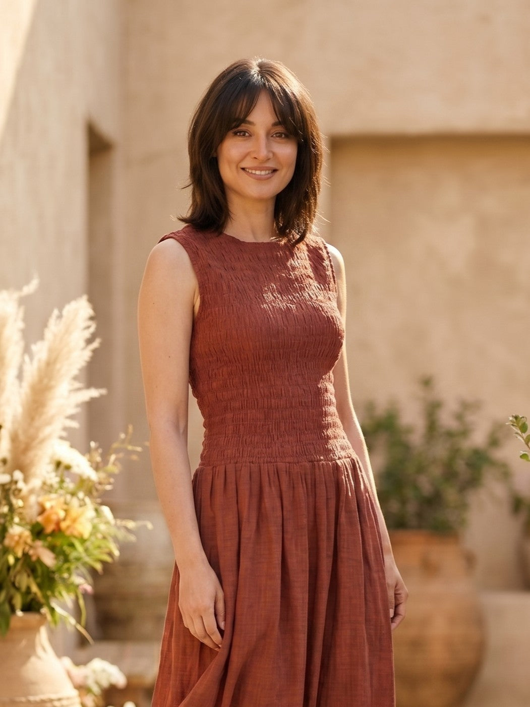 Women Maroon Smocked Fit & Flare Midi Dress