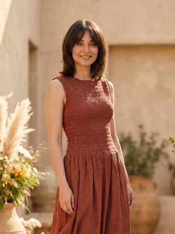 Women Maroon Smocked Fit & Flare Midi Dress
