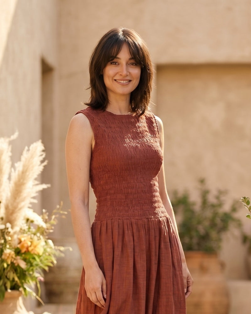 Women Maroon Smocked Fit & Flare Midi Dress