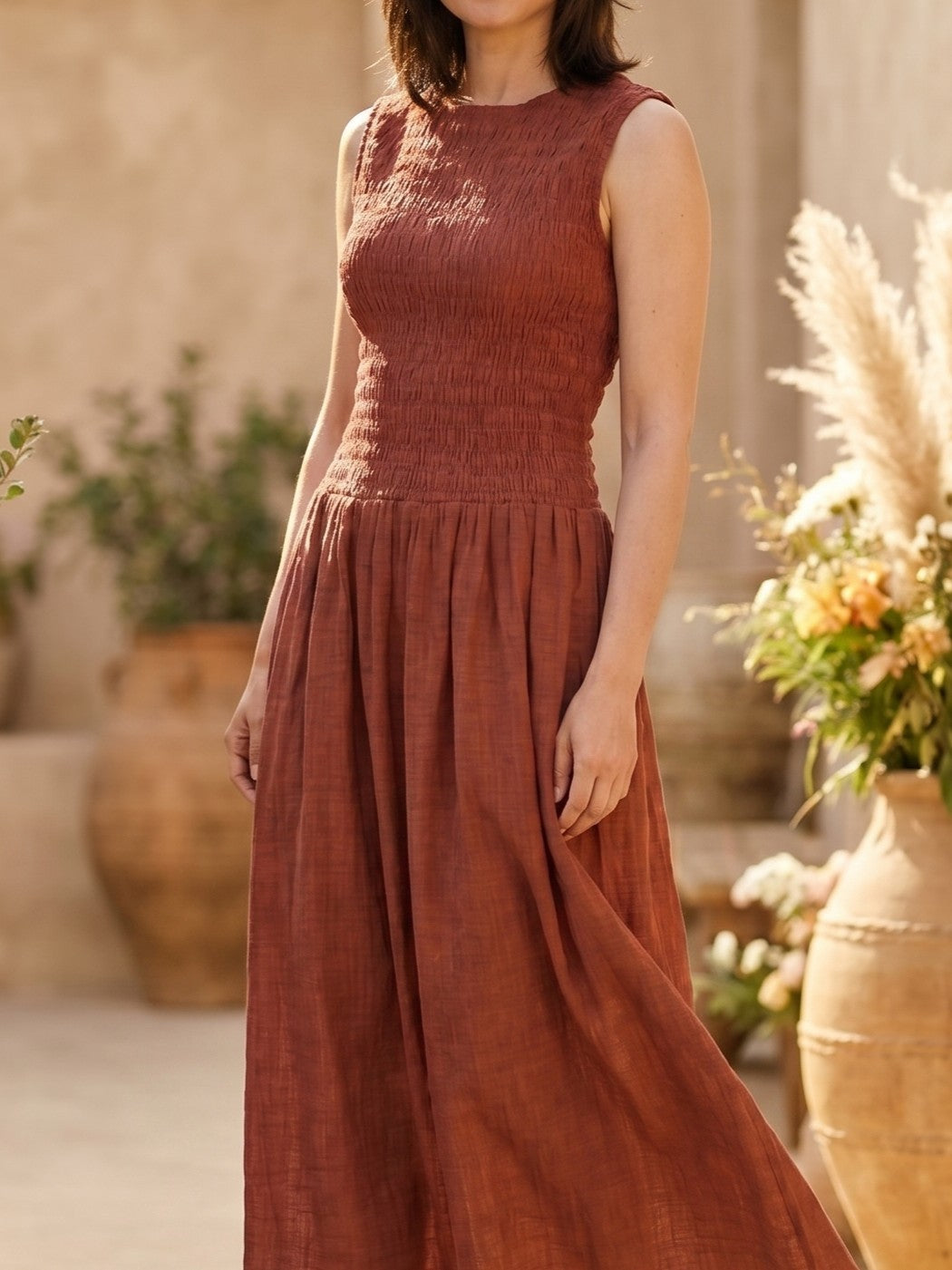Women Maroon Smocked Fit & Flare Midi Dress