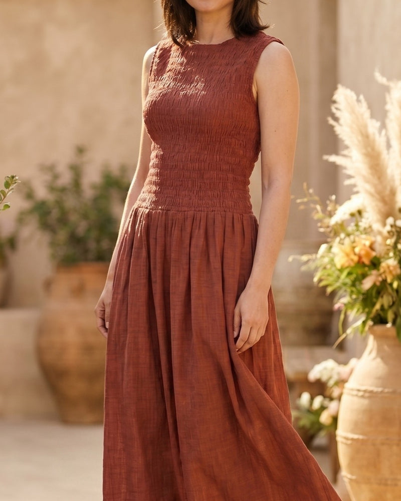 Women Maroon Smocked Fit & Flare Midi Dress