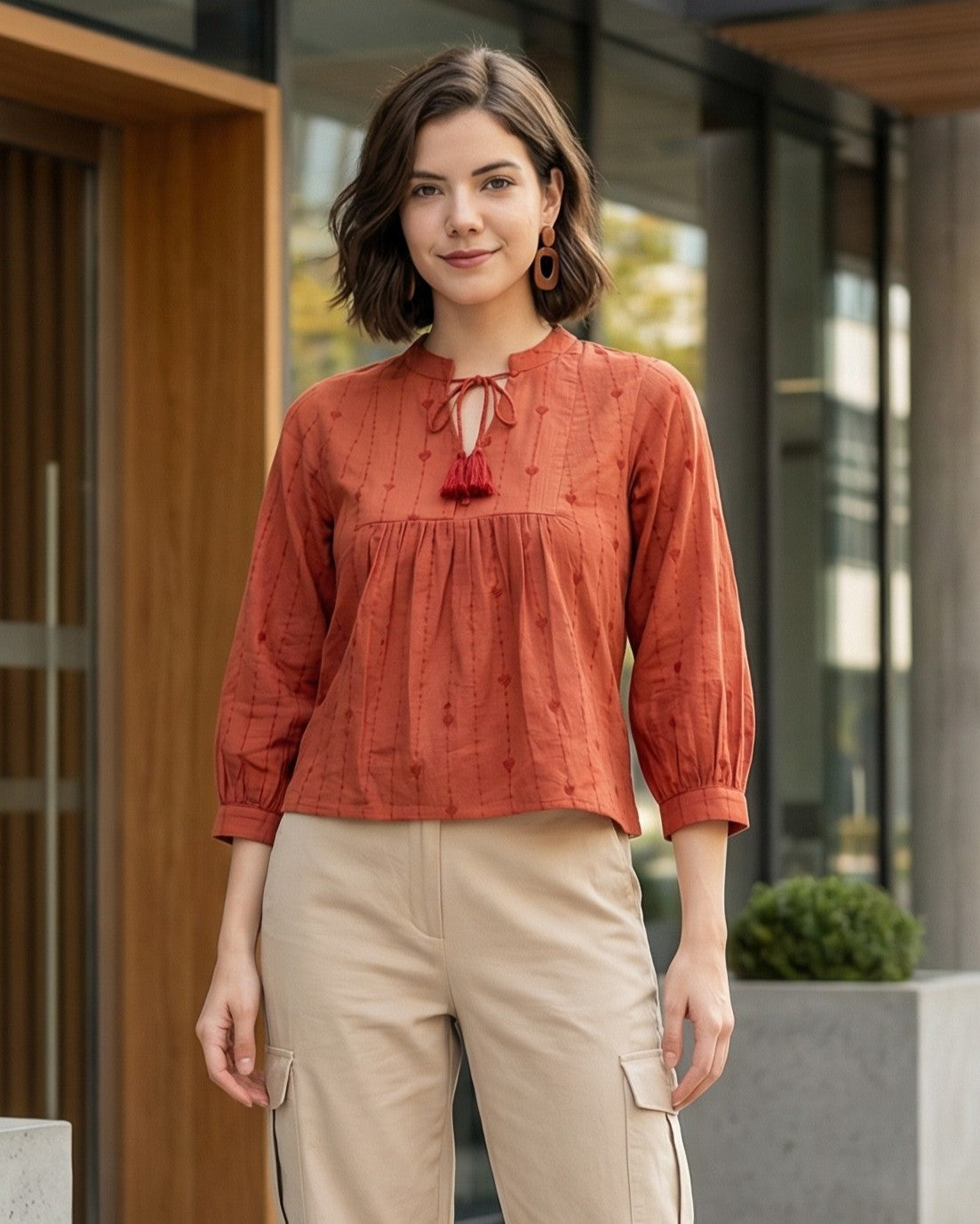 Rust Orange Cotton Embroidered Top – Tie-Up Neck