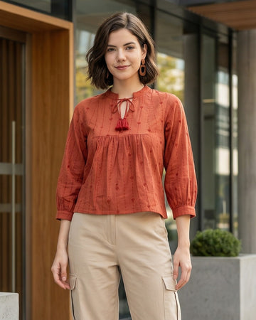 Rust Orange Cotton Embroidered Top – Tie-Up Neck