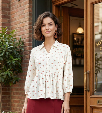 White Floral Printed Peplum Viscose Top