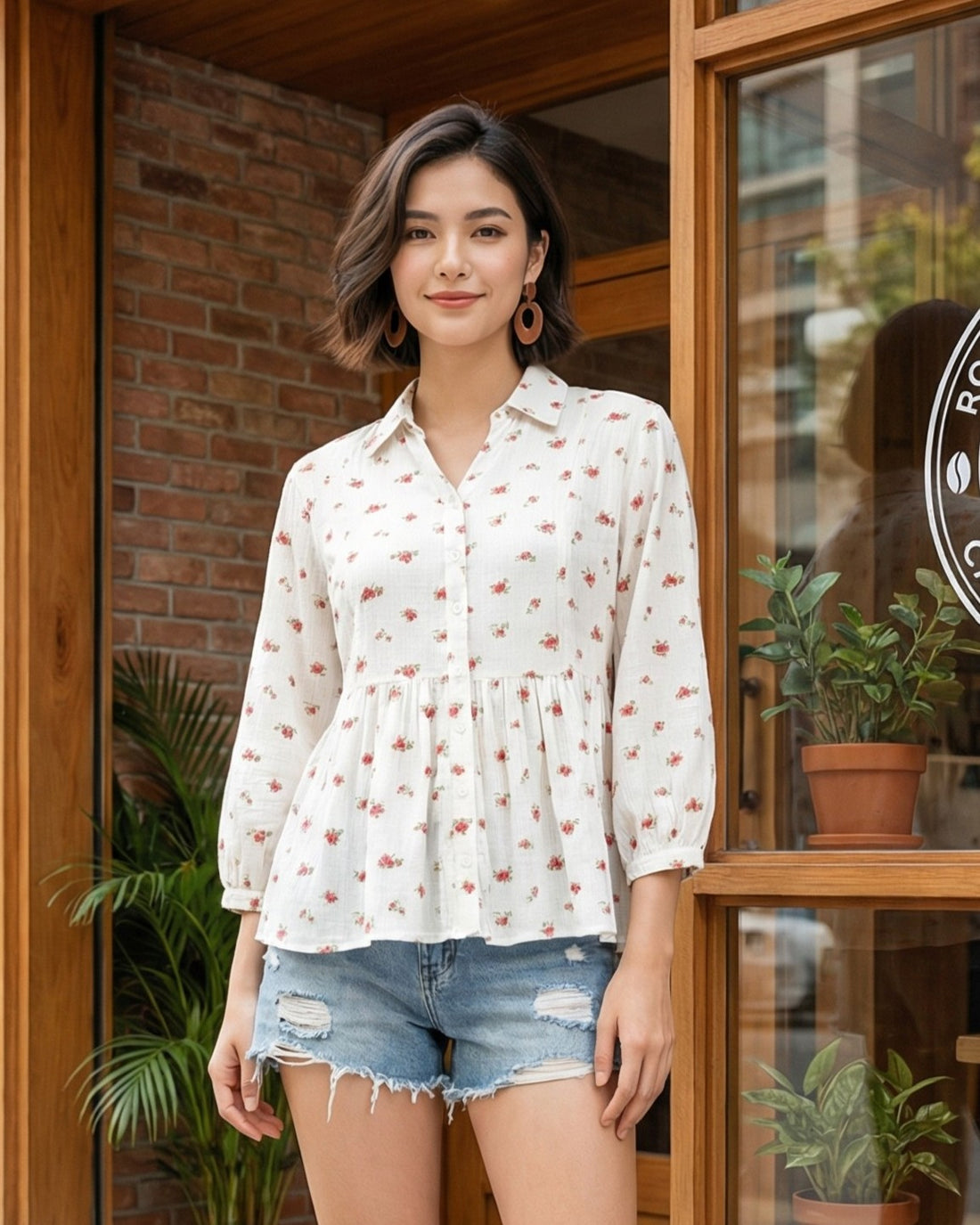 White Floral Printed Peplum Viscose Top