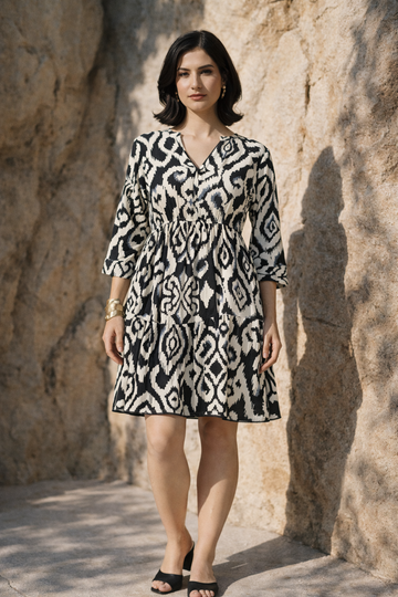 Black & Beige Ikat Print Viscose Flax Tiered Dress