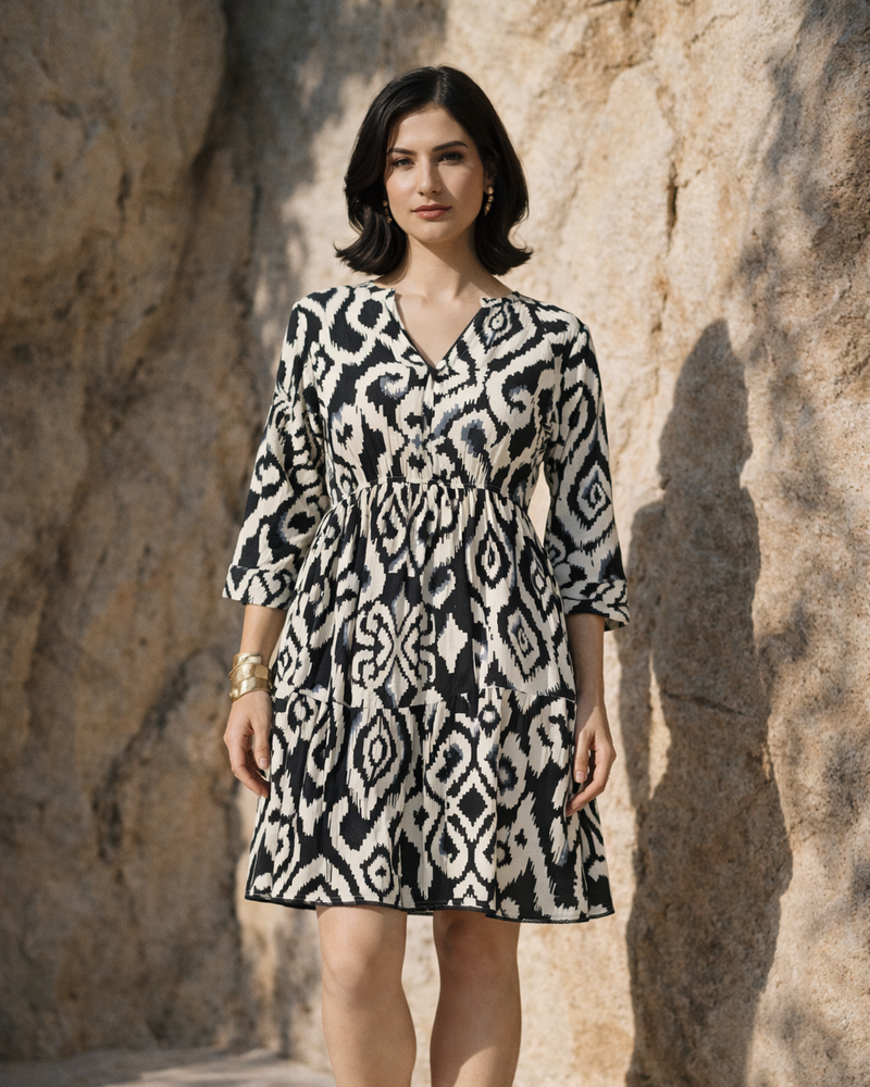 Black & Beige Ikat Print Viscose Flax Tiered Dress
