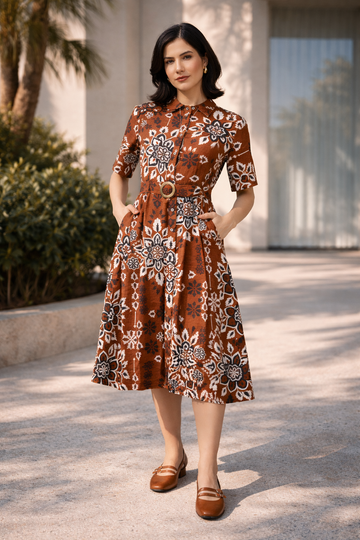 Tan Mandala Floral Printed Cotton Linen Dress With Belt – Midi Length