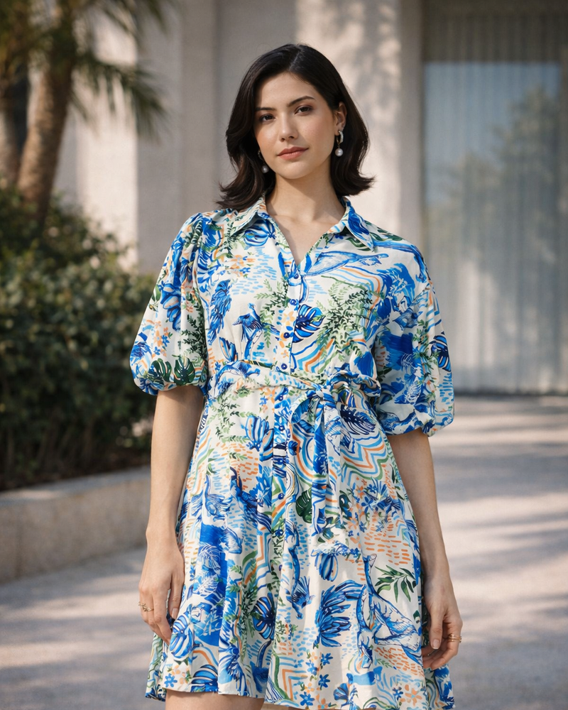 Blue Tropical Print Viscose Shirt Dress – Puff Sleeve Tie-Waist