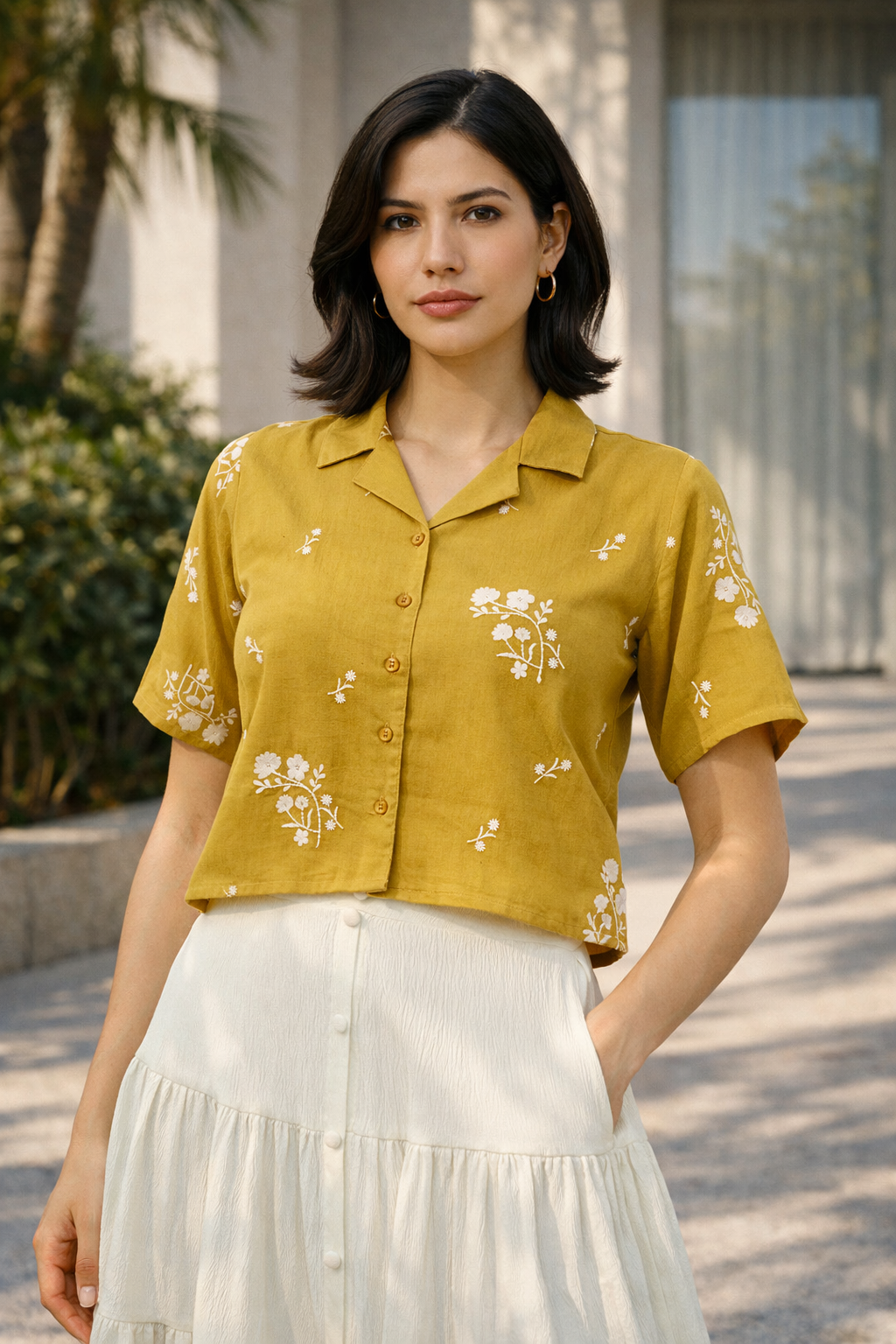 Mustard Floral Embroidered Cotton Flax Shirt Top