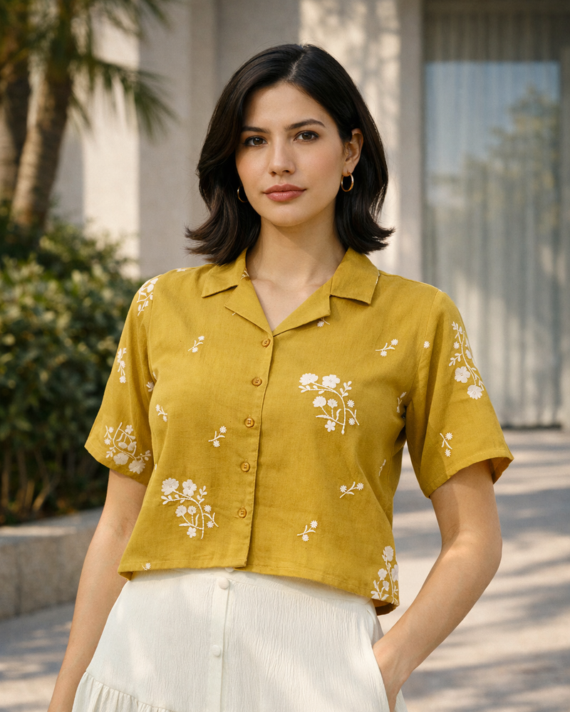 Mustard Floral Embroidered Cotton Flax Shirt Top
