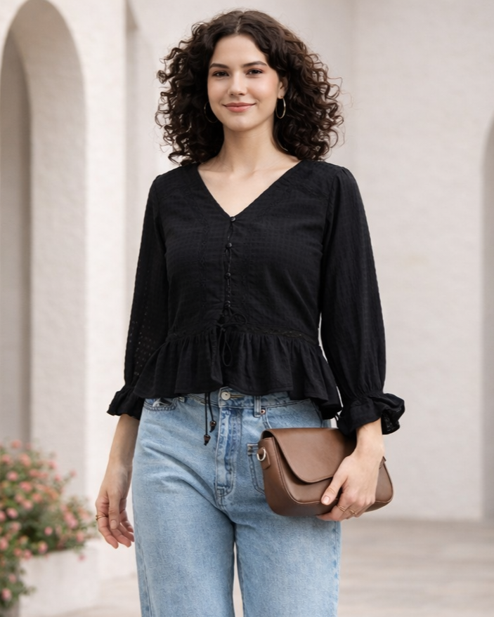 Black Textured Poly Crepe Peplum Top