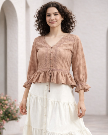 Beige Textured Poly Crepe Peplum Top
