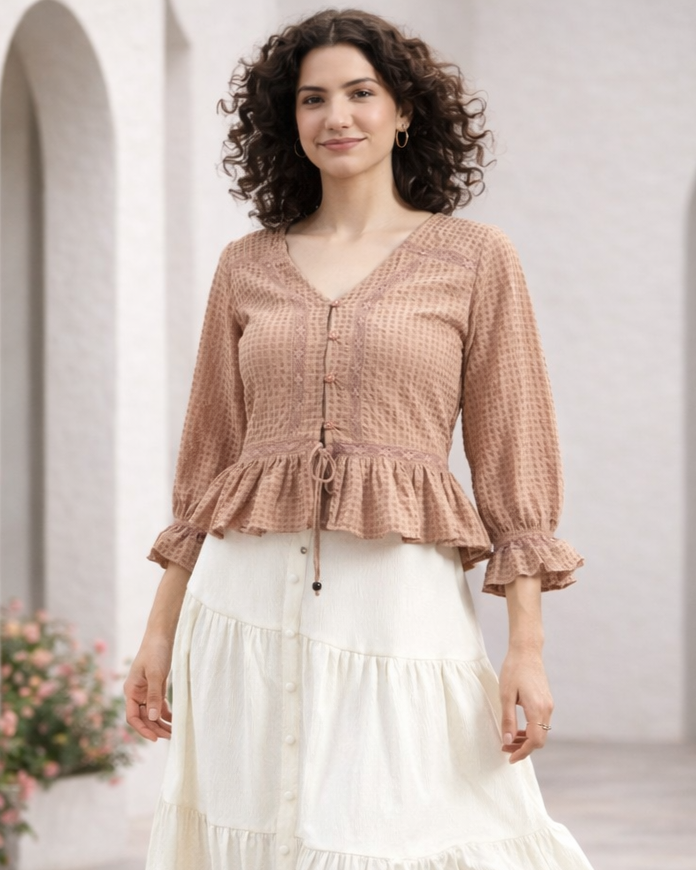 Beige Textured Poly Crepe Peplum Top