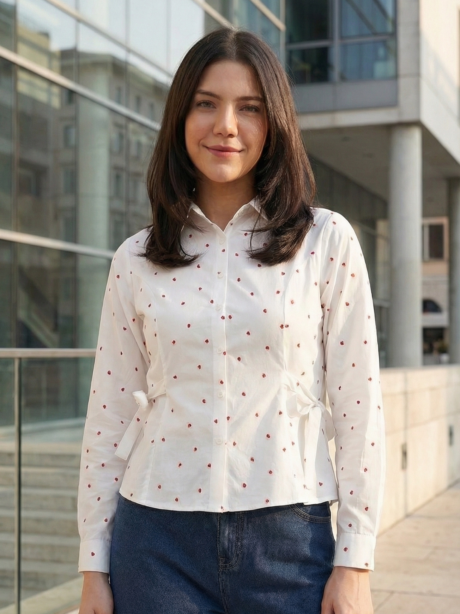 White Cotton Shirt With Red Heart Embroidery