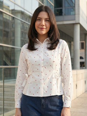 White Cotton Shirt With Red Heart Embroidery