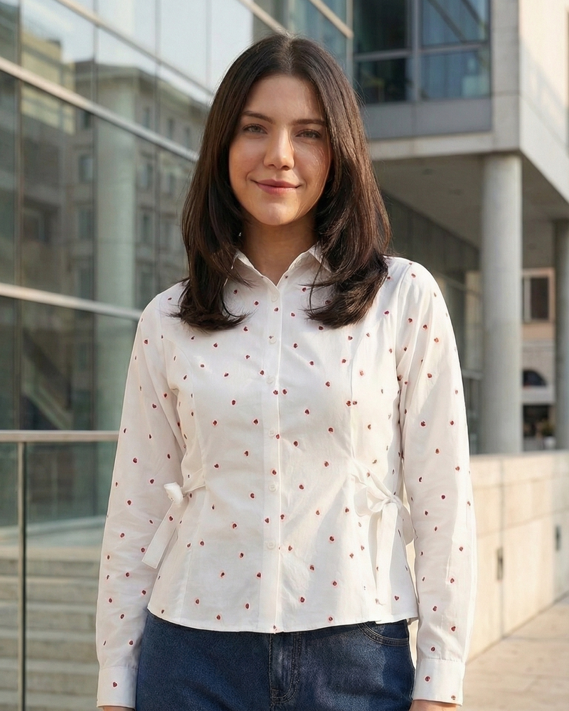 White Cotton Shirt With Red Heart Embroidery