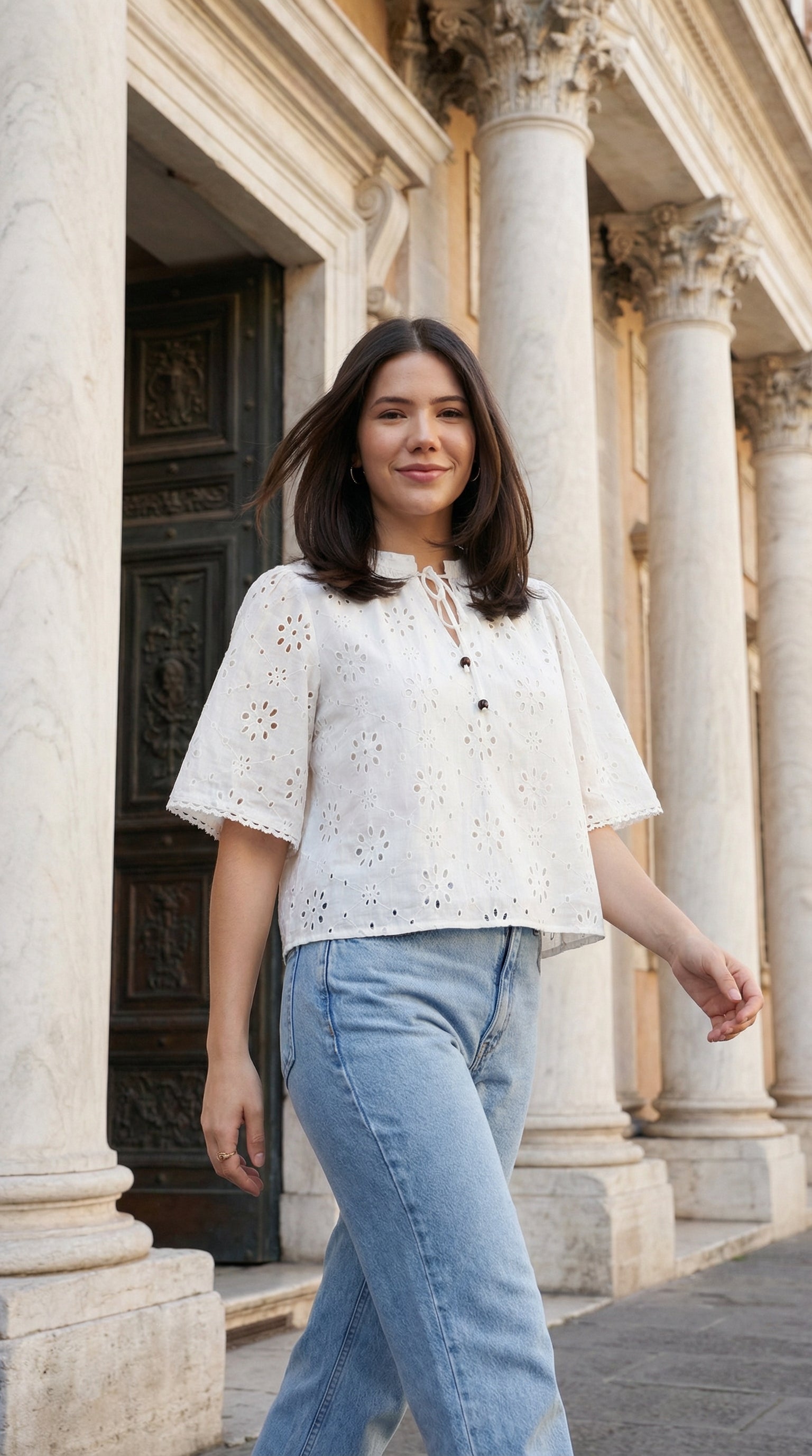 White Cotton Schiffli Top with Tie-Up Neck