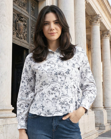 White Blue Toile Print Cotton Shirt with Side Tie-Up