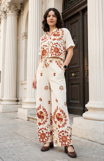 Women’s Cream Viscose Placement Printed Co-Ord Set