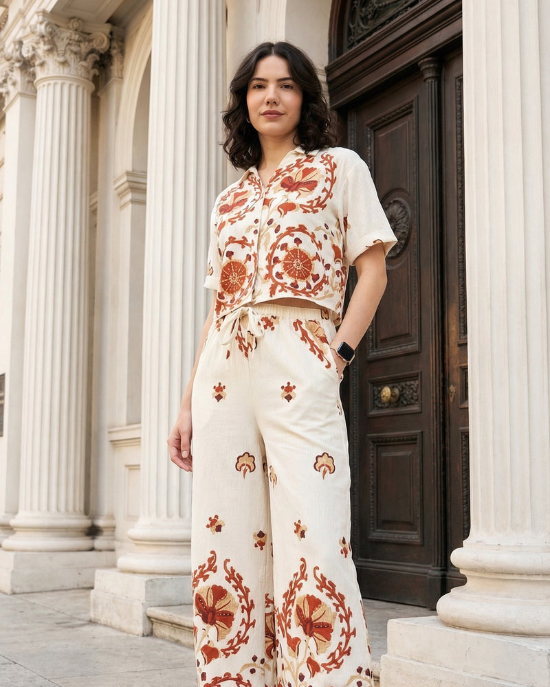 Women’s Cream Viscose Placement Printed Co-Ord Set