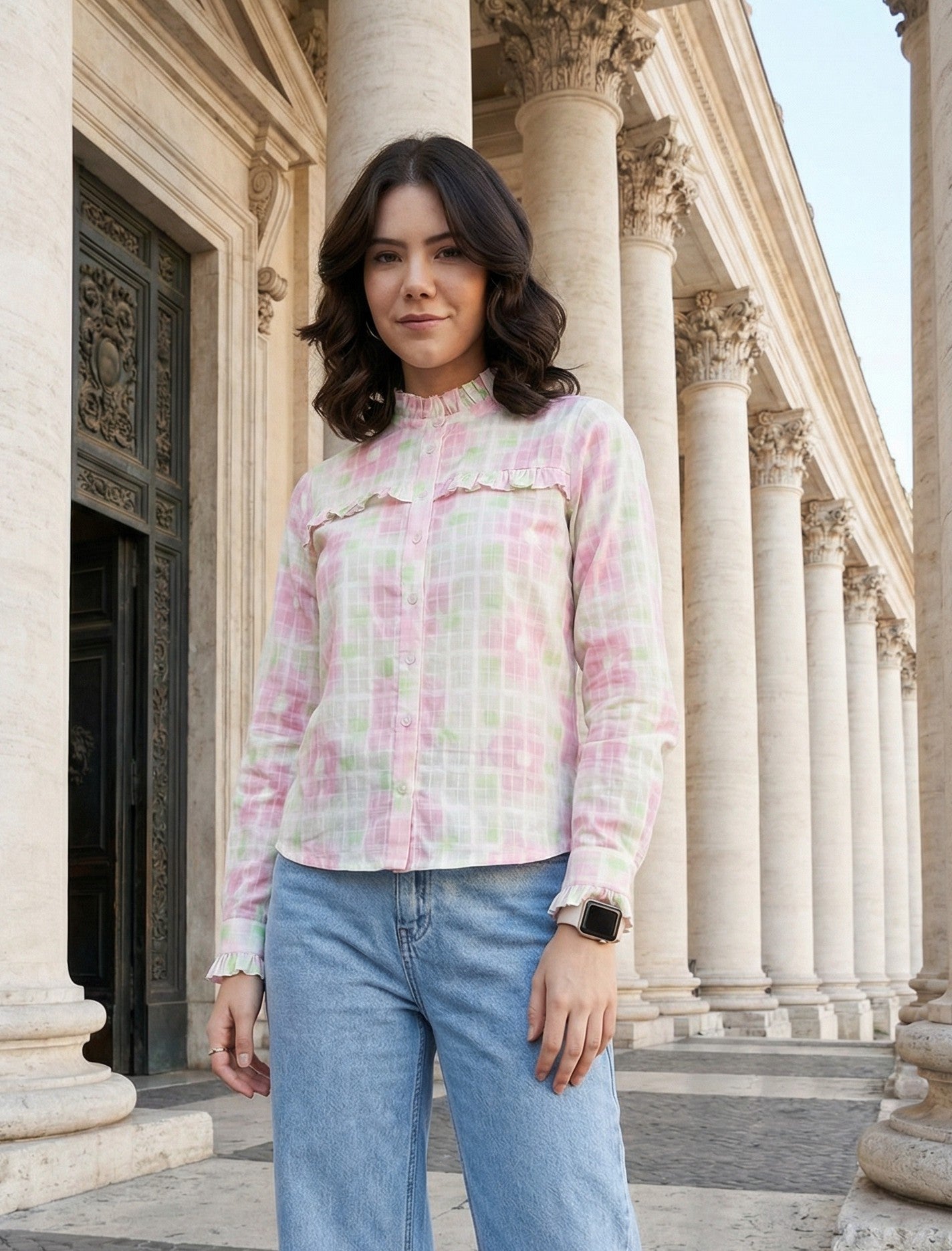 White Printed Textured Cotton Ruffle Neck Shirt