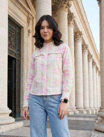 White Printed Textured Cotton Ruffle Neck Shirt