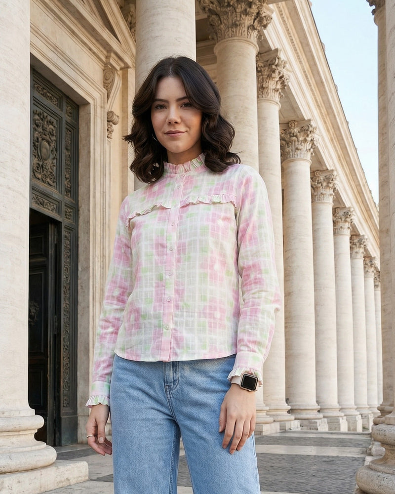 White Printed Textured Cotton Ruffle Neck Shirt