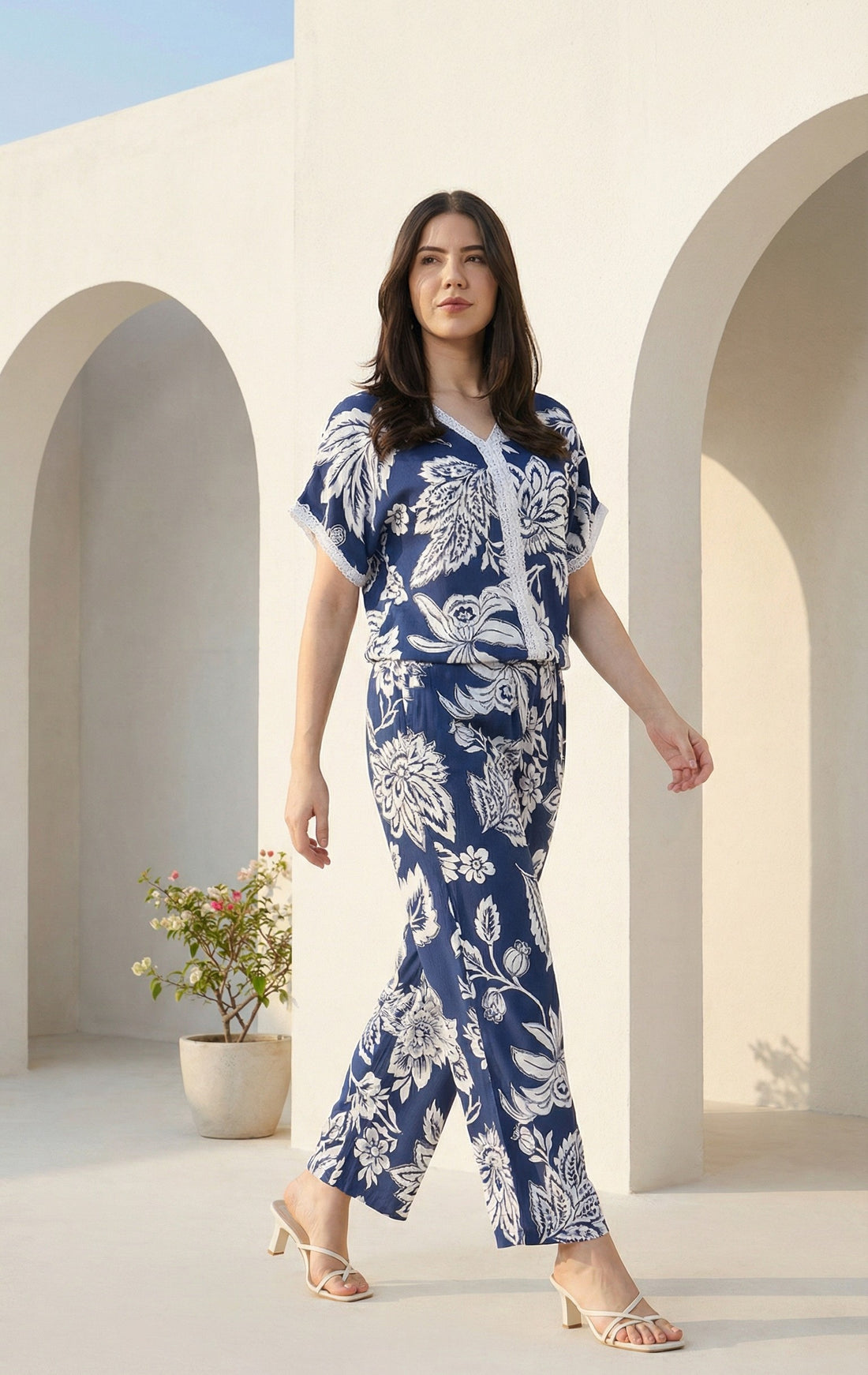 Navy Floral Viscose Flex Co-Ord Set With Relaxed Fit