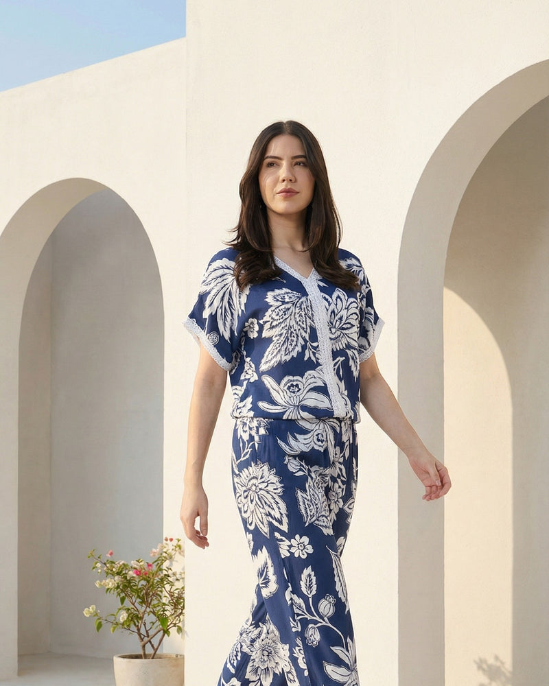 Navy Floral Viscose Flex Co-Ord Set With Relaxed Fit