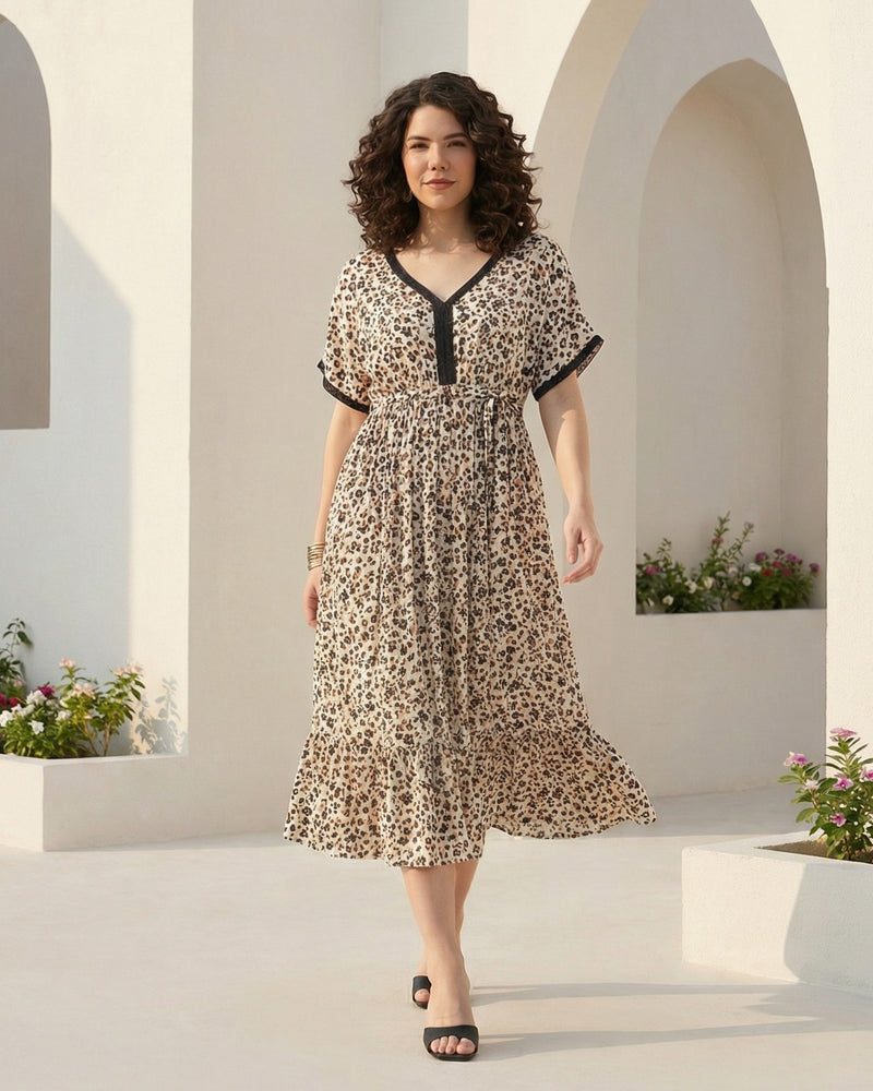 Animal Print Rayon Midi Dress with Tie-Up Waist