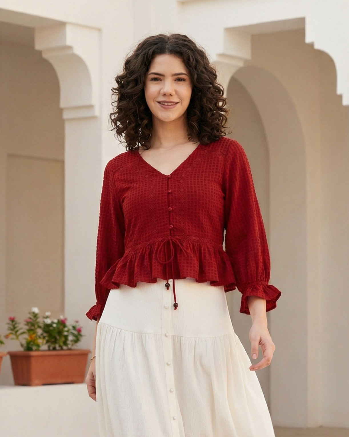 Red Textured Poly Crepe Peplum Top