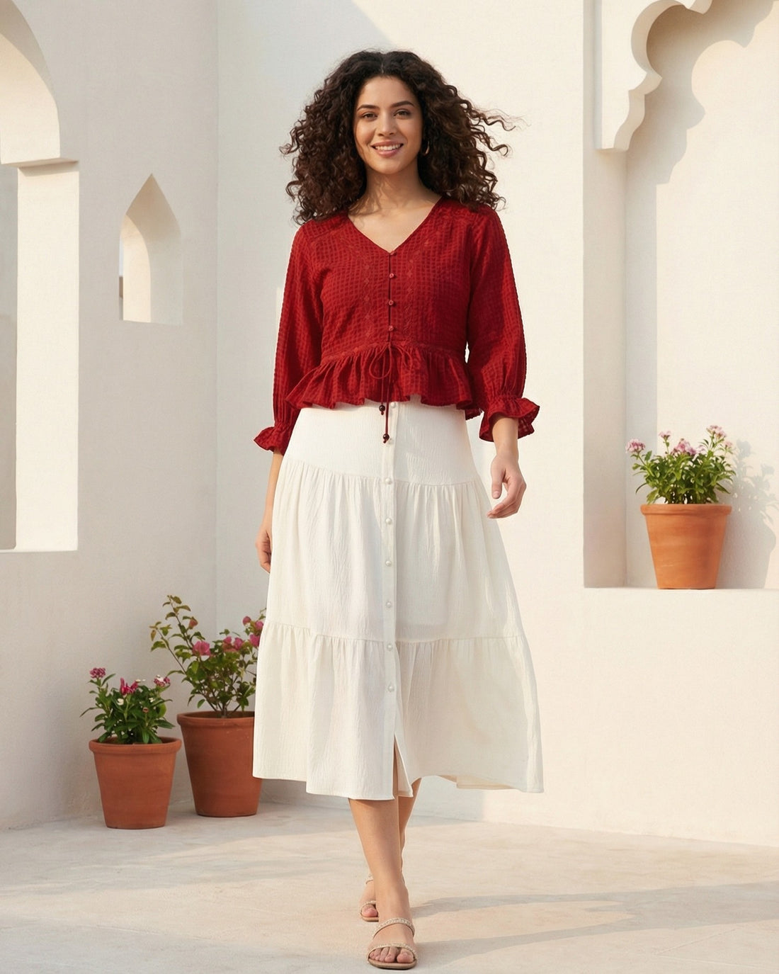 Red Textured Poly Crepe Peplum Top