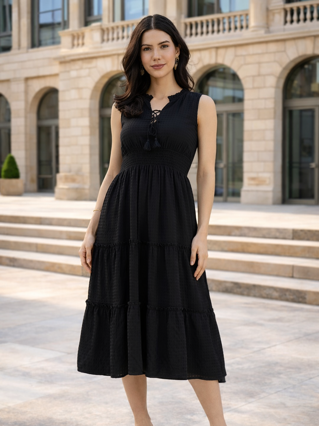 Black Solid Poly Lycra Tiered Sleeveless Midi Dress