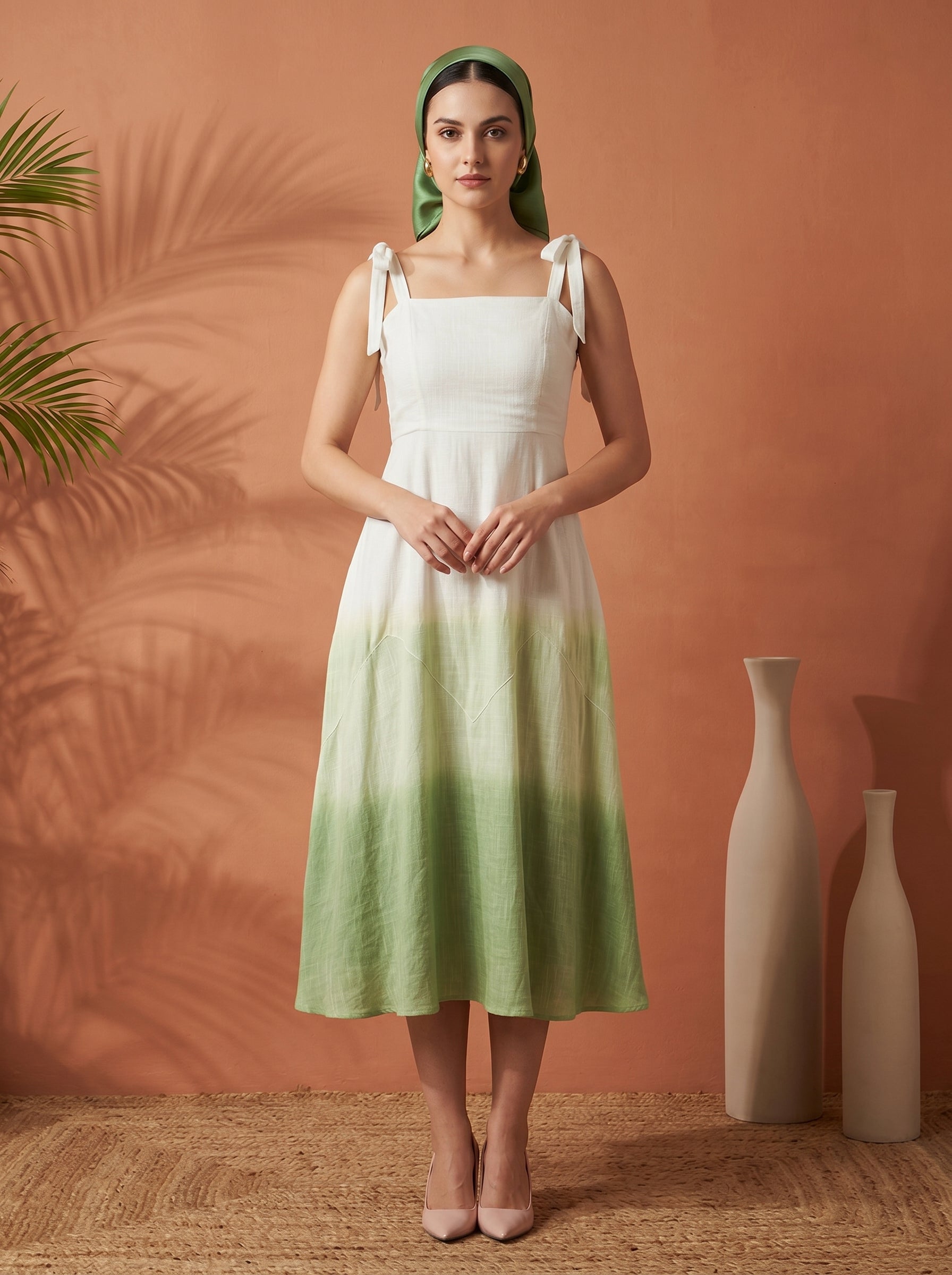 Women White & Green Smocked Ombre Shoulder Tie Midi Dress