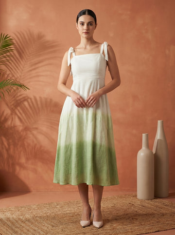 Women White & Green Smocked Ombre Shoulder Tie Midi Dress