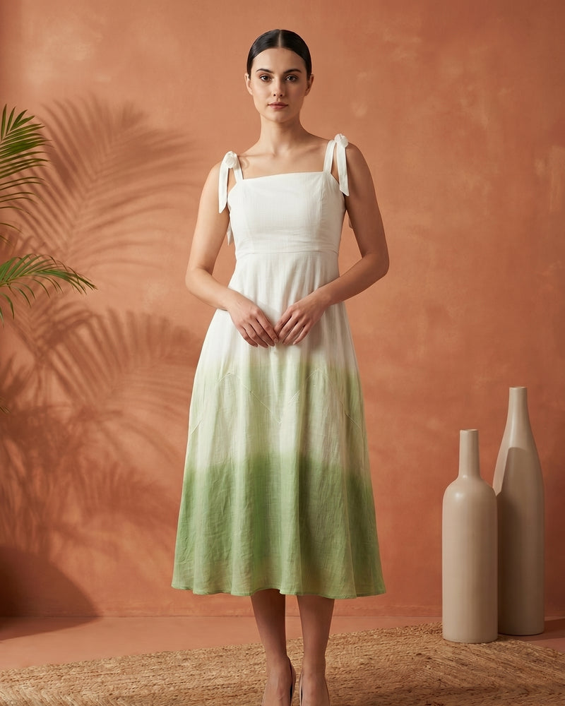 Women White & Green Smocked Ombre Shoulder Tie Midi Dress