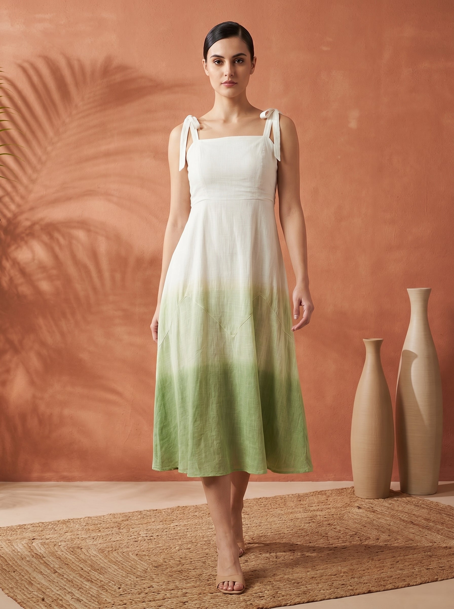 Women White & Green Smocked Ombre Shoulder Tie Midi Dress
