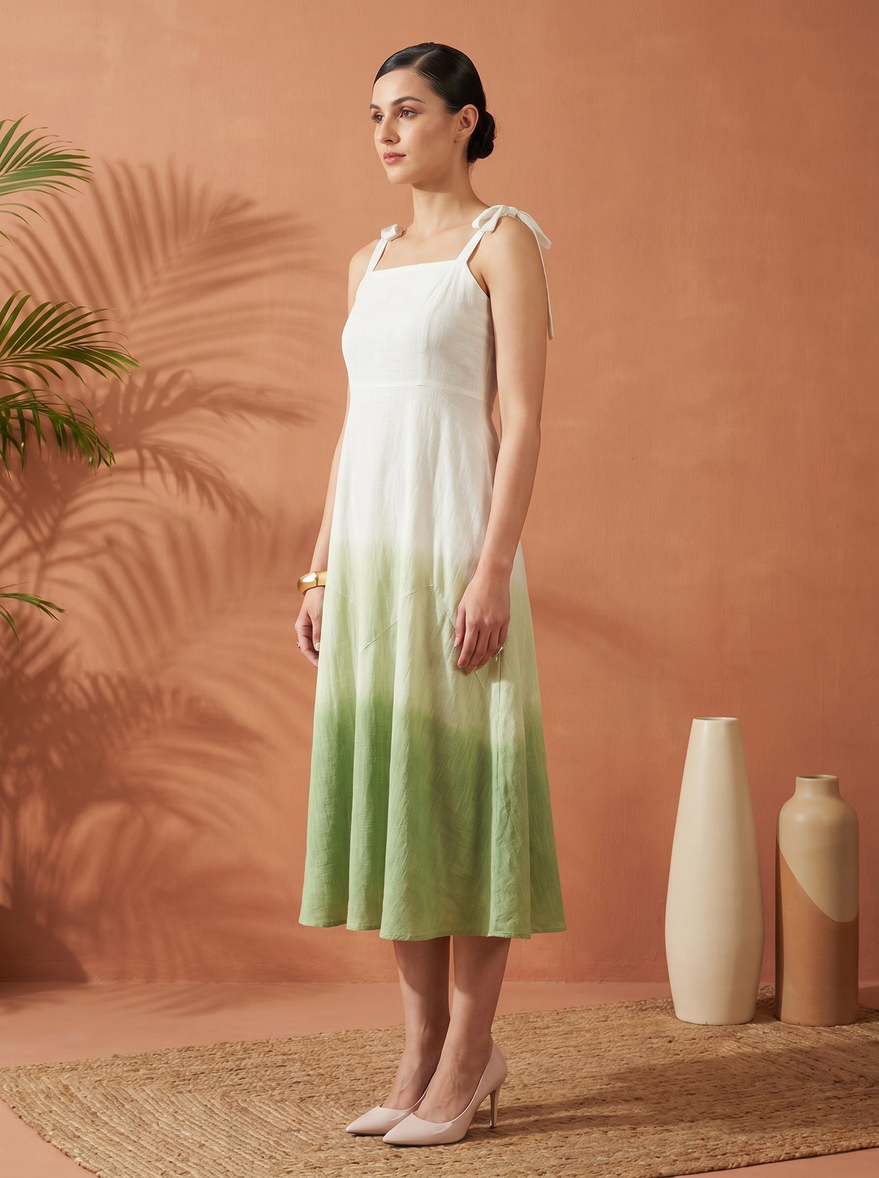 Women White & Green Smocked Ombre Shoulder Tie Midi Dress