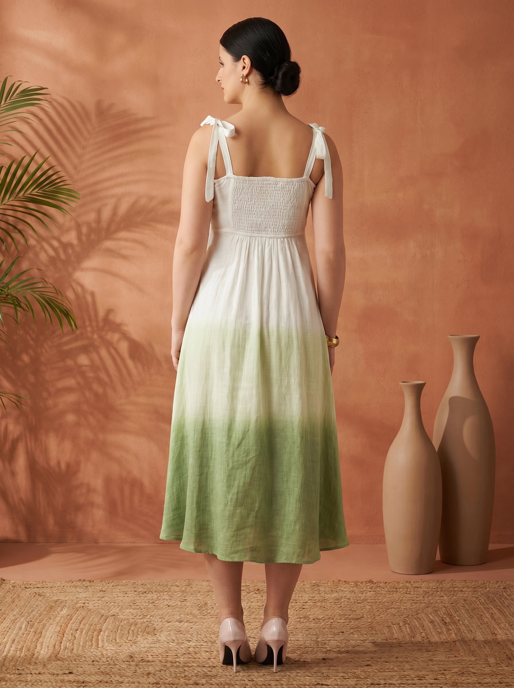 Women White & Green Smocked Ombre Shoulder Tie Midi Dress