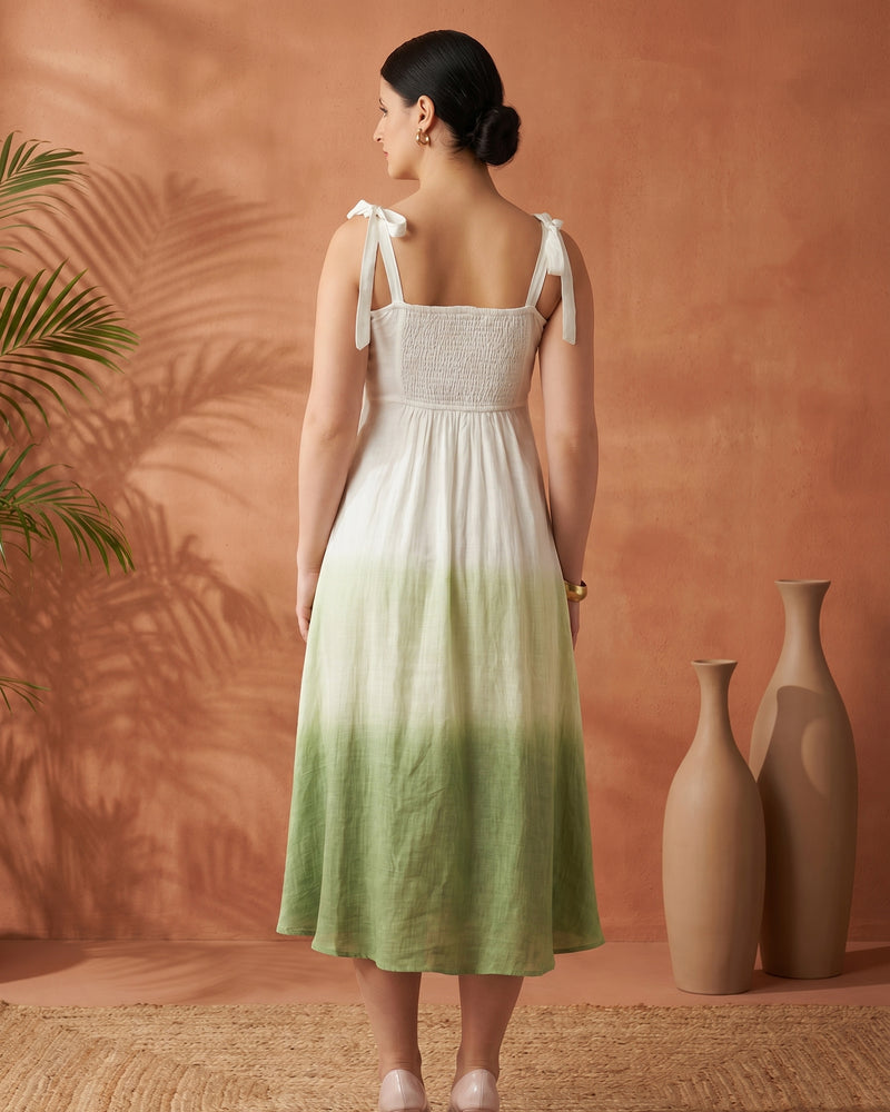 Women White & Green Smocked Ombre Shoulder Tie Midi Dress