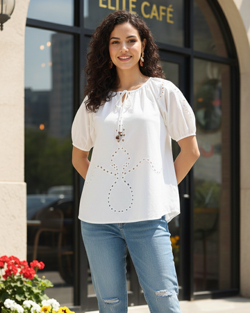 White Cotton Poplin Top with Tie-Up Neck and Cutwork Details