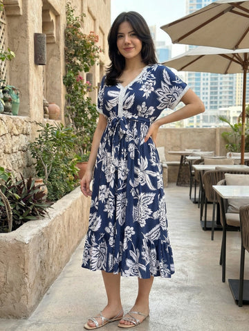 Navy Floral Viscose Flex Midi Dress With Tie-Up Waist