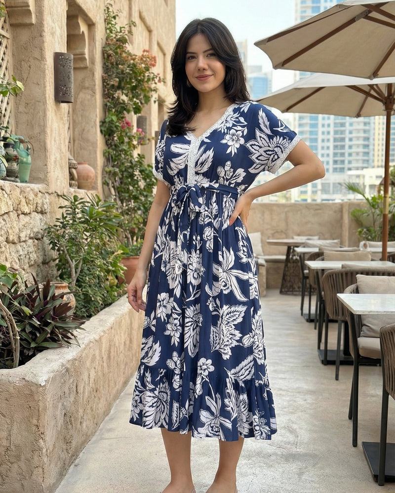 Navy Floral Viscose Flex Midi Dress With Tie-Up Waist
