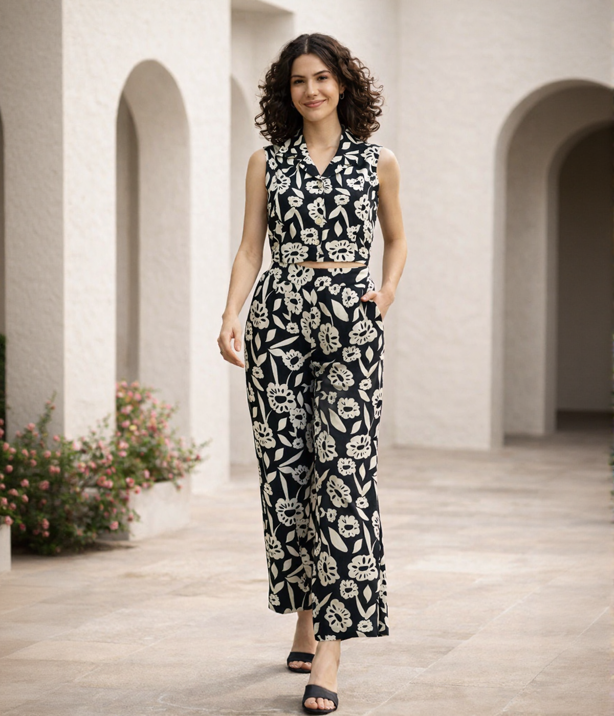 Black Mono Floral Printed Cotton Flax Co-ord Set