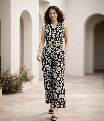 Black Mono Floral Printed Cotton Flax Co-ord Set