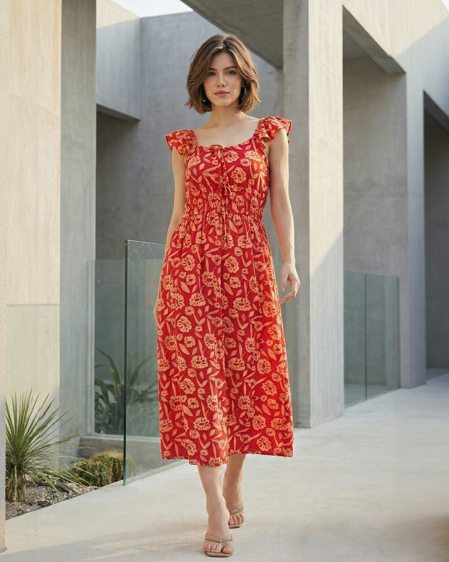 Red Floral Printed Viscose Sleeveless Midi Dress