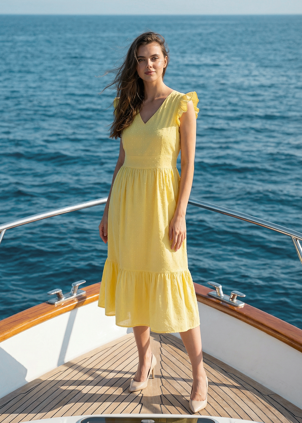 Yellow Textured Cotton Midi Dress With Flutter Sleeves
